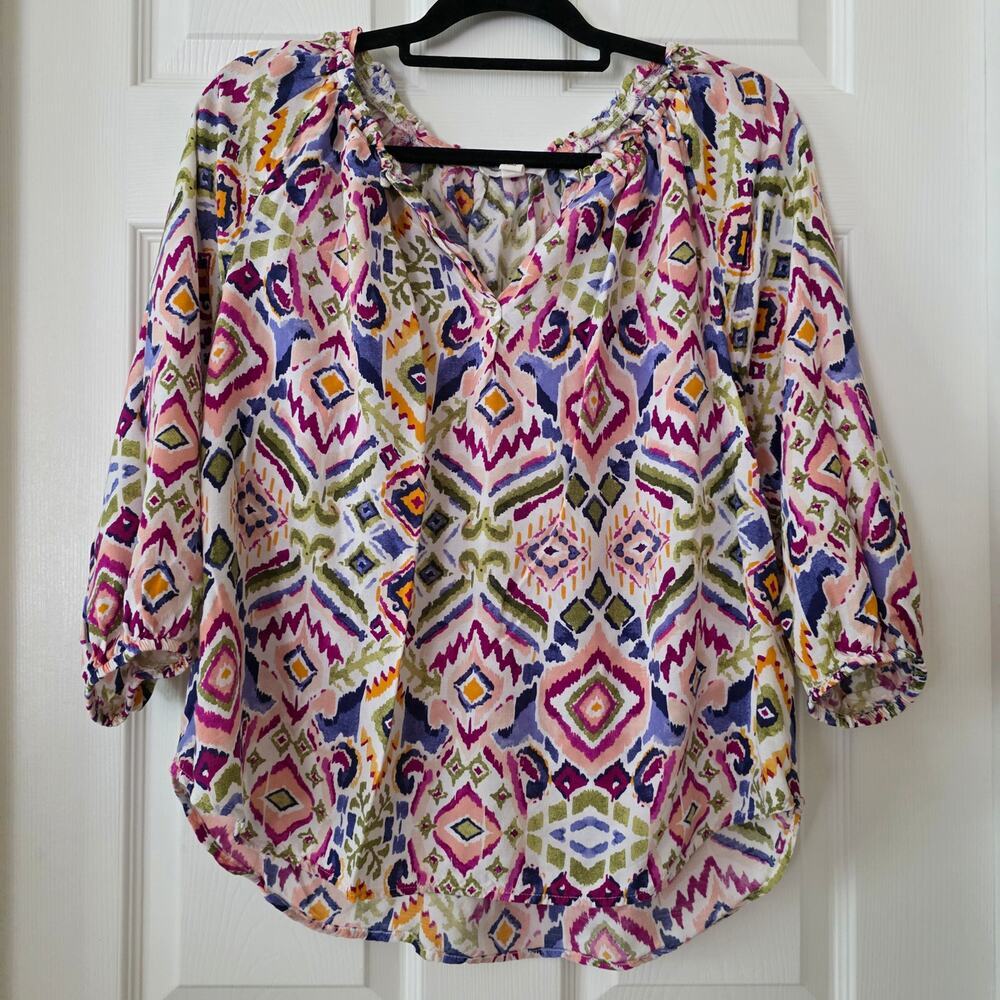 BeachLunchLounge Vibrant Colorful Ikat Print Peasant Blouse Size Medium
